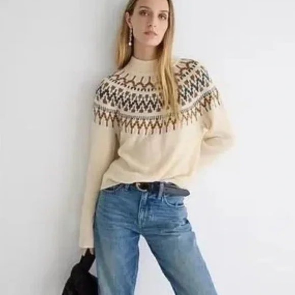 J.Crew | Fair Isle Mockneck Pullover Sweater‎ Small Cream BM179 Lambswool